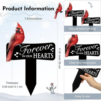Hicarer Cardinals Grave Markers Cardinals Memorial Gift Metal Sympathy Stakes for Cemetery Memorial, Garden Yard, 11.8 x 7.87 Inch(Forever in Our Hearts)