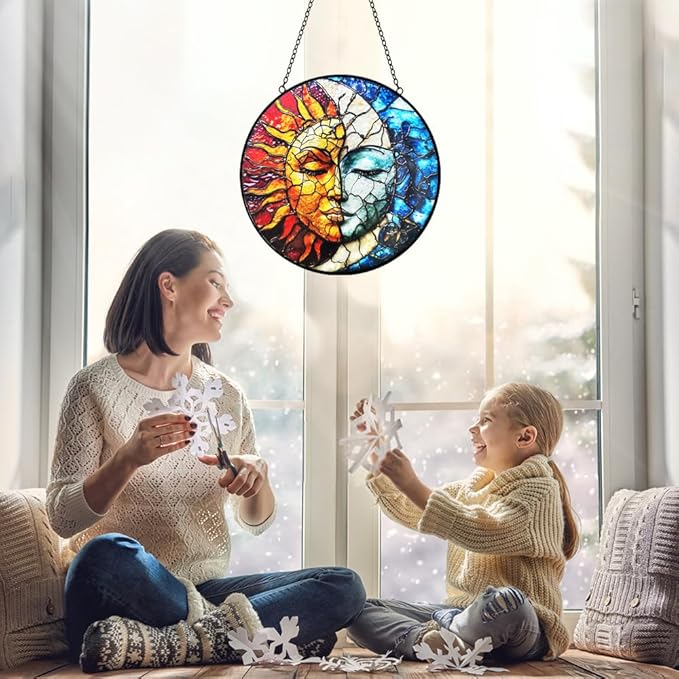 Sun and Moon Suncatcher Stained Glass Window Hanging - 8” Handmade Celestial Decor Suncatchers for Windows Hanging - Sun Catchers Indoor Window Wall Home Garden Decor Mothers Day for Mom Grandma Gift