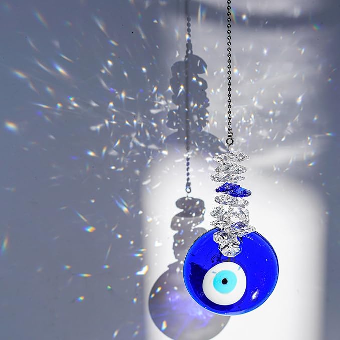4.5inch Blue Glass Evil Eye Talisman with Crystal Beads - Good Luck Charm, Home, Office, Car Decoration, Blessing Ornament for Christmas Tree, Reflects Negative Energy