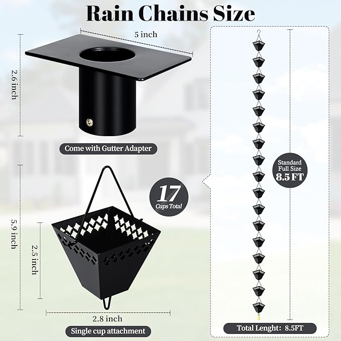Square Rain Chains for Gutters Outside Black Powder Coated Downspouts Rain Catcher Diverter Metal Outdoor Decorative, 8.5 FT, w/V Gutter Clip for Rain Chains