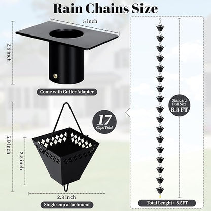 Square Rain Chains for Gutters Outside Black Powder Coated Downspouts Rain Catcher Diverter Metal Outdoor Decorative, 8.5 FT, w/V Gutter Clip for Rain Chains