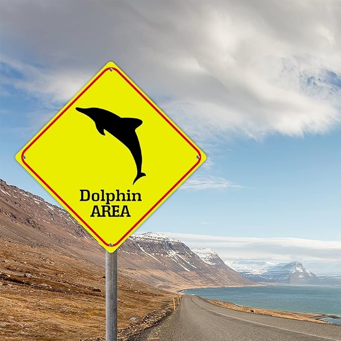 Caution Dolphin Crossing XING Tin Sign Dolphin Area Warning Street Sign Ocean Animal Novelty Caution Road Sign for Home Man Cave Gate Garden 12x12in