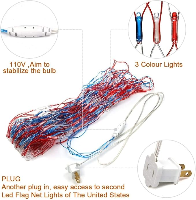 Decute American LED Flag Net Lights - 420 LED 4th of July Decorations Outdoor Lighted Flag String Lights of The United States for Memorial Day Yard Garden Festival Holiday Party