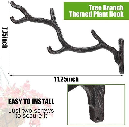 Blulu 4 Pcs 11'' Cast Iron Tree Branch Plant Hangers Decorative Metal Wall Bracket Hooks Wall Heavy Duty Home Storage Rack for Hanging Plants Pot Basket Lantern Wind Chimes Outdoor Indoor (Rust Brown)