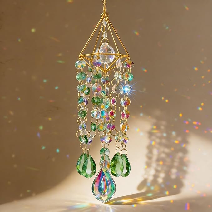 Green & Iridescent Crystal Suncatcher Prism, Handmade Gold-Plated Frame with K9 Crystal Beads, Window Hanging Decor for Home, Garden, Wedding