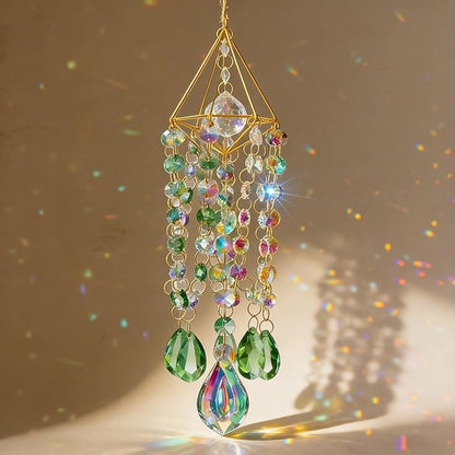 Green & Iridescent Crystal Suncatcher Prism, Handmade Gold-Plated Frame with K9 Crystal Beads, Window Hanging Decor for Home, Garden, Wedding
