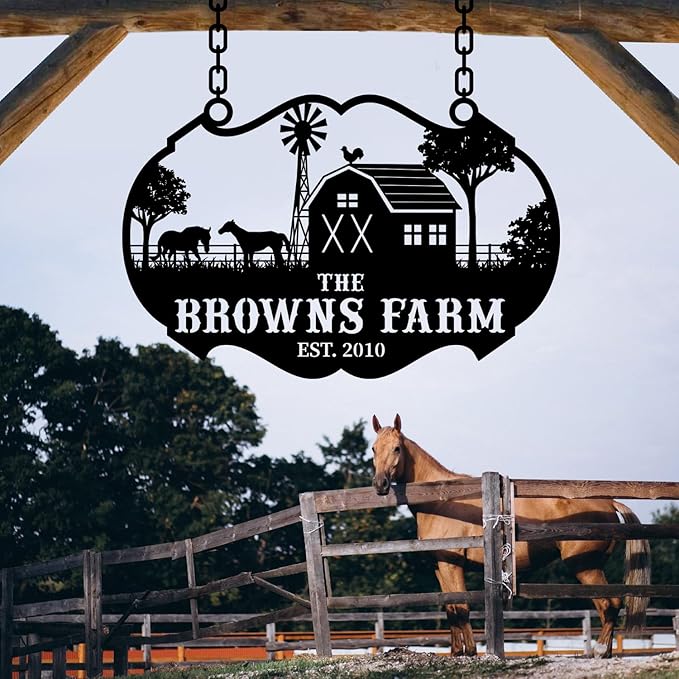 Personalized Metal Farm Ranch Sign, Customized Family Last Name, Large Decor, Outdoor Art, Welcome Sign, Black, 12" - 14" - 16" - 20" - 24" - 27" - 32" - 39