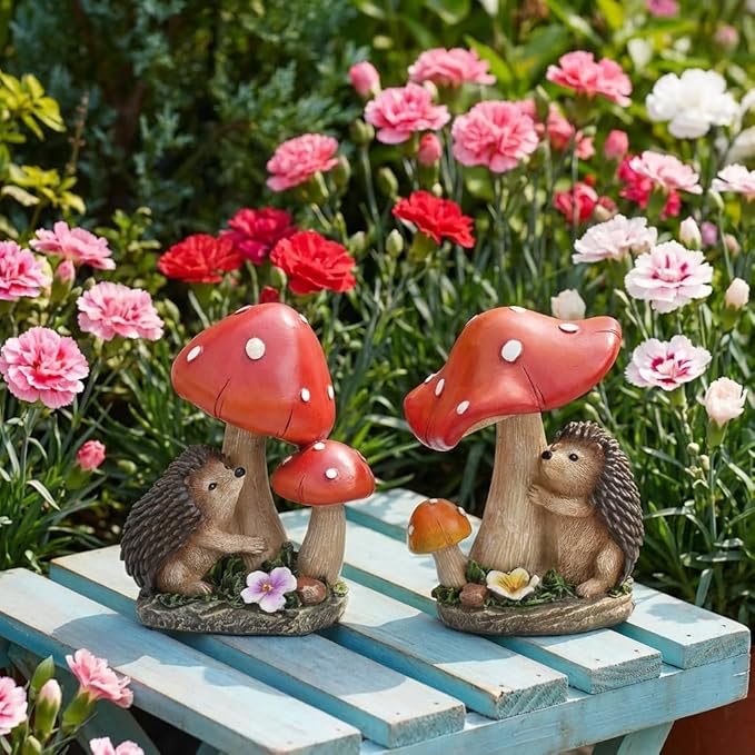 TERESA'S COLLECTIONS Garden Decor, Set of 2 Cute Hedgehogs and Mushrooms Garden Decor, Waterproof Resin Garden Statue, Hedgehogs Gift, Garden Gift for Women Mom, Indoor/Outdoor