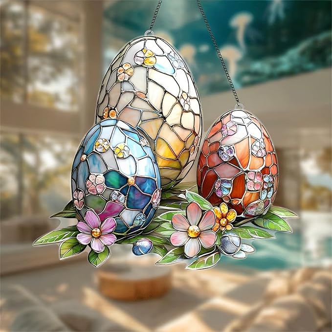 Easter Sun Catcher for Window Hanging with Easter Eggs Designs Cute Ornament Full Cover Acrylic Stained Glass for Garden Party Decor Women Friends Easter Gift
