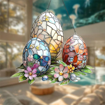 Easter Sun Catcher for Window Hanging with Easter Eggs Designs Cute Ornament Full Cover Acrylic Stained Glass for Garden Party Decor Women Friends Easter Gift
