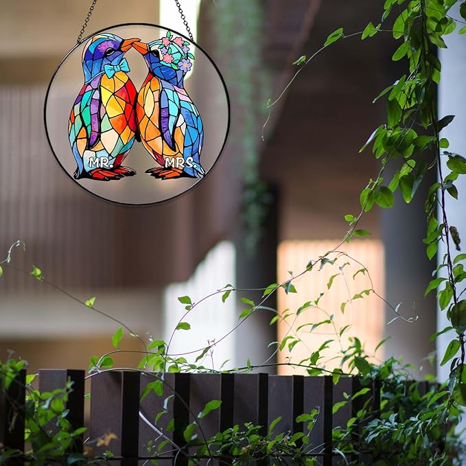 Wedding Gifts Sun Catcher Stained Glass Window Hanging Penguin Couple Wall Decor Handmade Ornament Light Catcher Mr & Mrs Couples Gift Bridal Shower Gift for Couple, 7.87inch