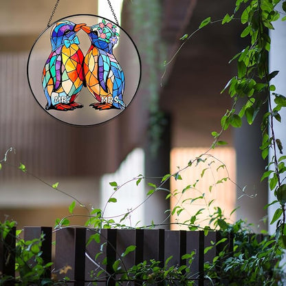 Wedding Gifts Sun Catcher Stained Glass Window Hanging Penguin Couple Wall Decor Handmade Ornament Light Catcher Mr & Mrs Couples Gift Bridal Shower Gift for Couple, 7.87inch