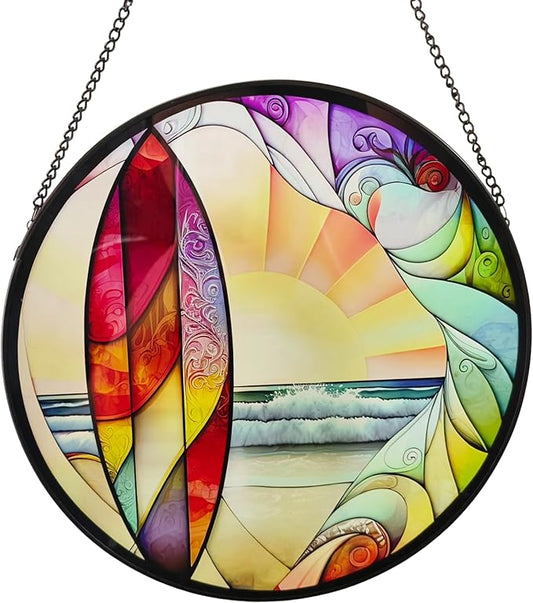 Coastal Sunrise Stained Glass Window Hanging - 9.8In Surf & Ocean Suncatcher, Beachy Home Decor for Windows, Porches & Living Rooms, Suncatcher Decor Gift for Women, Men