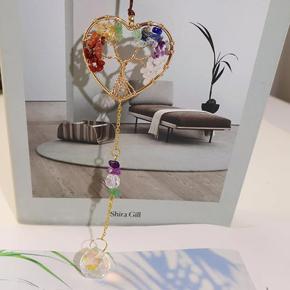 Crystal Sun Catcher, Heart 7 Chakra Tree of Life Crystal Suncatcher Hanging for Indoor Window, Dream Catchers for Car, Spiritual, Rainbow Maker, Christmas Decor