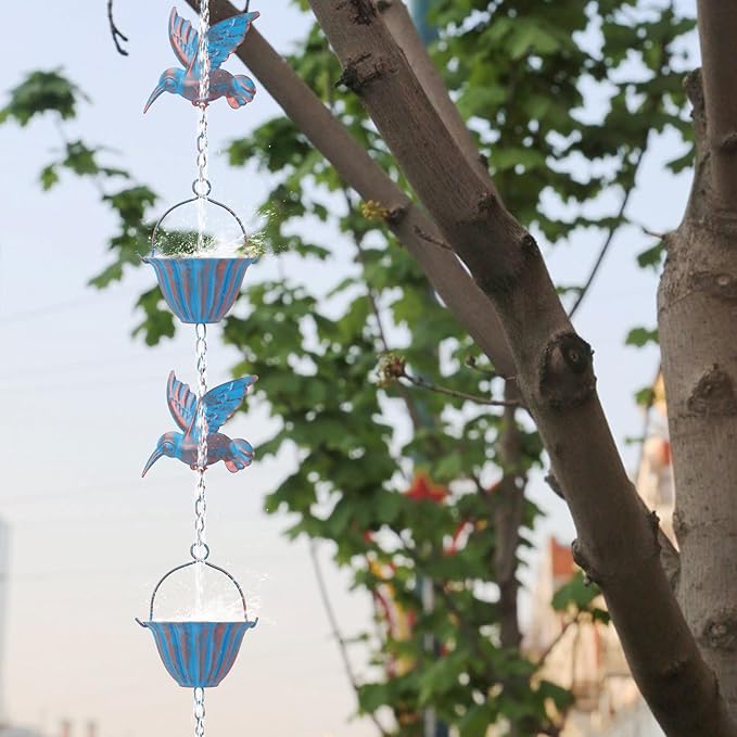 7.8FT Hummingbird Rain Chains for Outside with Bells, Adjustable Outdoor Bird Raincatcher, Garden Decor, Rust Resistant Rain Drain Chain, Wind Chimes
