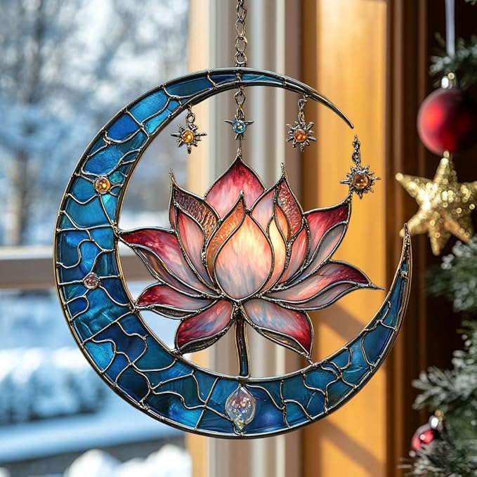 Vivid Lotus Moon with Tiffany Stars Acrylic Suncatcher Stained Glass Effect Window Car Hanging Christmas Ornament Indoor Outdoor Decor Garden Sun Catcher Panel for Lotus Lover for Women Mom Grandma