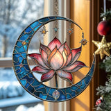 Vivid Lotus Moon with Tiffany Stars Acrylic Suncatcher Stained Glass Effect Window Car Hanging Christmas Ornament Indoor Outdoor Decor Garden Sun Catcher Panel for Lotus Lover for Women Mom Grandma