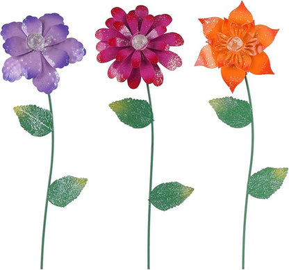 Floral Garden Stake Glow in Dark Plant Pick Water Proof Metal Flower Stick for Outdoor Garden Decor, Set of 3