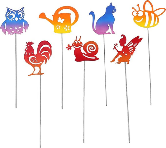 7PCS Metal Small Animal Decoration Stakes with Owl, Cat, Bee, Rooster, Snail, Fairy, and Flower Pot Designs - Hollow Out Silhouette Yard Art for Outdoor Patio Lawn Garden Decor