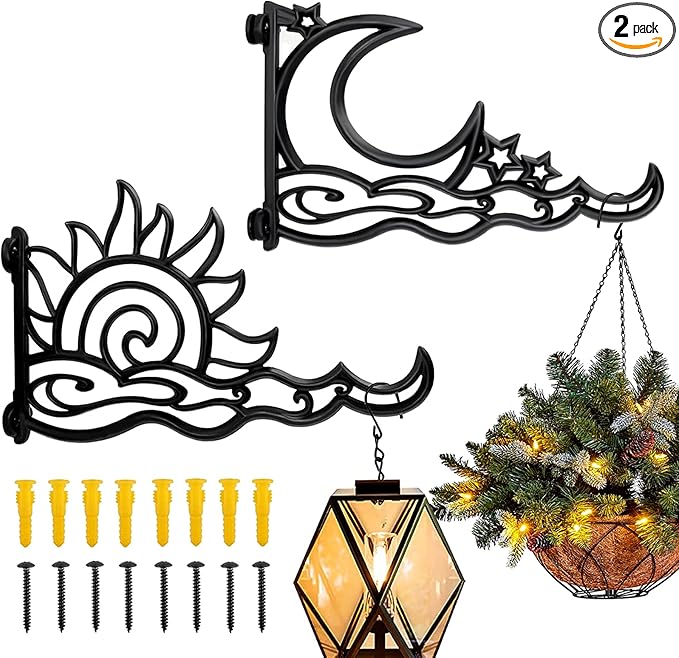 Heavy Duty Plant Hanging Bracket, Moon & Sun Shape Solid Aluminum Plant Hanger, Durable Rust-Resistant Wall Mount Hooks for Hanging Plants Bird Feeder Lanterns Wind Chimes (Set of 2)