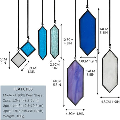 HDCRYSTALGIFTS Stained Glass Window Hanging Suncatchers - 7 Pieces Handcrafted Element Earth Tones Panel Set,Modern Blue Wall Art Sun Catchers Indoor Window Home Garden Decor