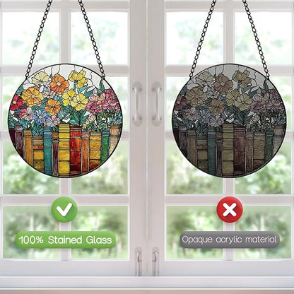 Stained Glass Window Hanging, 8 Inch Book Ornament Suncatcher, Sun Catchers Indoor Window, Flowers Suncatchers for Windows Hanging, Spring Home Garden Decor Panel, Book Lovers Gifts for Women Teacher
