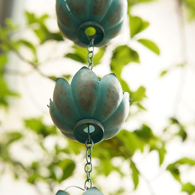 Metal Rain Chain Decoration 8.5FT., Rain Catcher Metal Chain Gutter Downspout 104'' for House Eaves, Garden & Home, Flower Cups Garden Decoration,Lake Blue