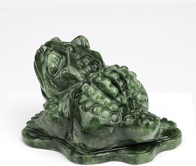 gemshan Jade Money Frog Statue, 3.1 Inch Natural Jade Feng Shui Frog Sculpture, Hand-Carved Collector's Art for Home/Office/Garden Decor