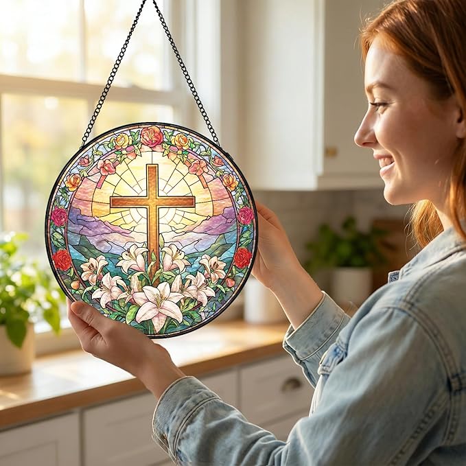 Stained Glass Sun Catcher Window Hanging - Jesus Easter Lily Flower Design, Well Made Indoor Home Decor | Perfect Christian Gifts for Mother's Day, Birthday, Christmas for Women, Mom (Sun) 7.8in