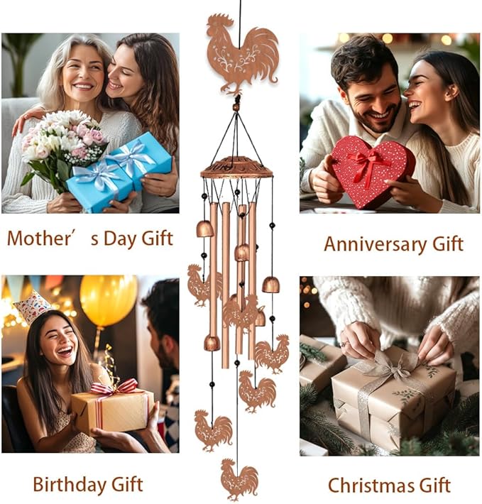 INFUNLY Roosters Wind Chimes for Outside 5.5"×5.4" Chicken Pattern Metal Windchime Aluminum Tube Wind Chime with Little Bells Tubes Memorial Wind Bell for Yard Garden Decor Housewarming Birthday Gift