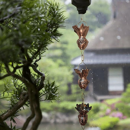 Copper Fish Rain Chain, Outdoor Ornament Gutter Chain Downspout, Divert Water Rain Catcher Chains for Garden, Hanging Rain Bells Set,1.5m (5ft)