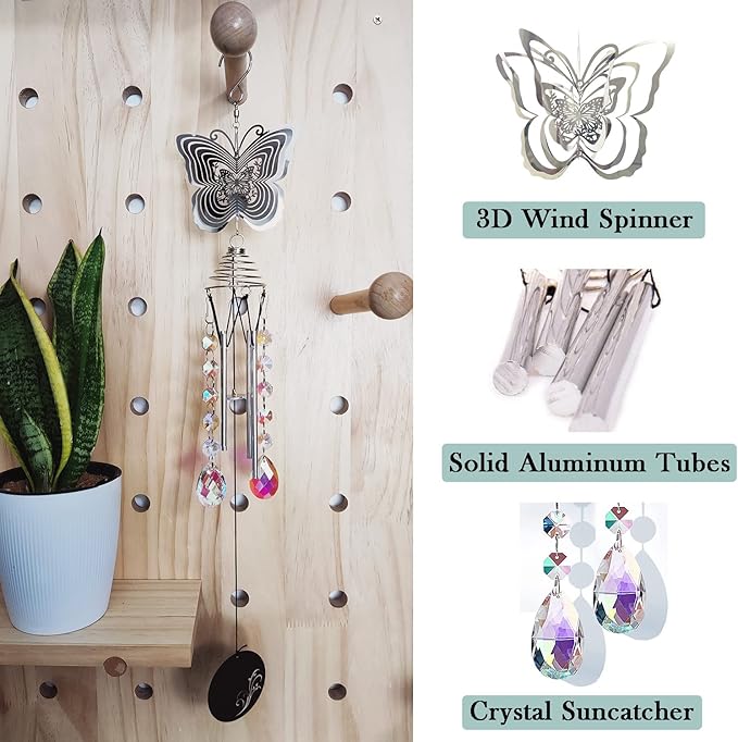 Hourwof Memorial Wind Chimes for Outside,Decorative Wind Chime with Wind Spinner for Garden Patio Yard,Crystal Suncatcher Windchime,Housewarming Gift,Butterfly