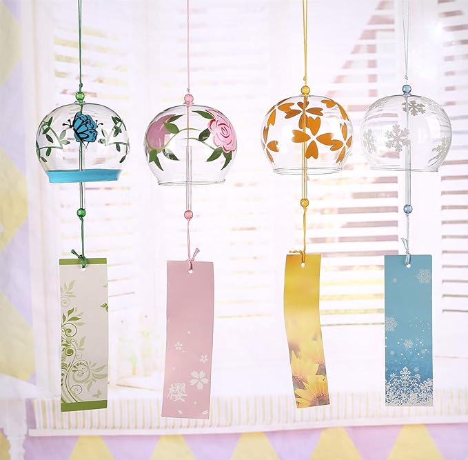 Falytemow Japanese Wind Chimes Romantic Flowers Small Wind Bells Handmade Glass Japanese Style Pendant for Birthday Present Home Decors (Pink Rose, Four Leaf Flower, Butterfly, Snowflake, 8 cm)