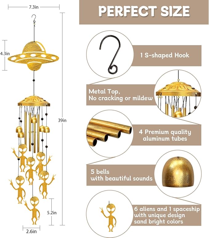 Alien Wind Chimes for Outside - Aliens UFO Windchimes Gifts for Men/Women/Dad/Grandpa Birthday Gift Memorial Gift Metal Wind Chime for Outdoor/Indoors Home, Porch, Yard Decor, Garden Decorations