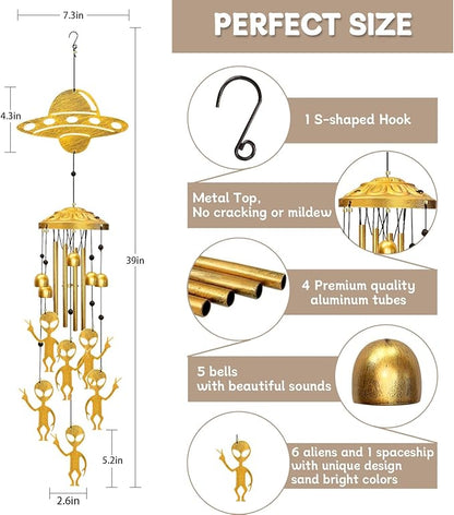 Alien Wind Chimes for Outside - Aliens UFO Windchimes Gifts for Men/Women/Dad/Grandpa Birthday Gift Memorial Gift Metal Wind Chime for Outdoor/Indoors Home, Porch, Yard Decor, Garden Decorations