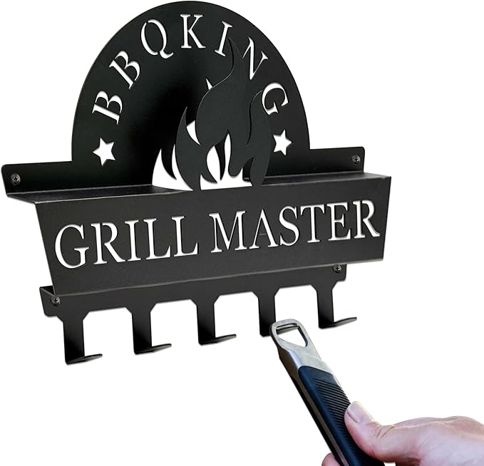 Wall Mount BBQ Tool Holder - Grill Master BBQ Utensil Holder for Outdoor Grill Barbeque Wall Organizer with 5 Hooks, Metal BBQ Accessorie Hanger for Backyard Patio & Porch, Men Cave Father’s Day Gift