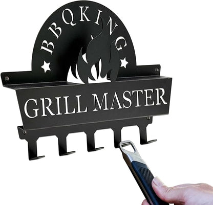 Wall Mount BBQ Tool Holder - Grill Master BBQ Utensil Holder for Outdoor Grill Barbeque Wall Organizer with 5 Hooks, Metal BBQ Accessorie Hanger for Backyard Patio & Porch, Men Cave Father’s Day Gift