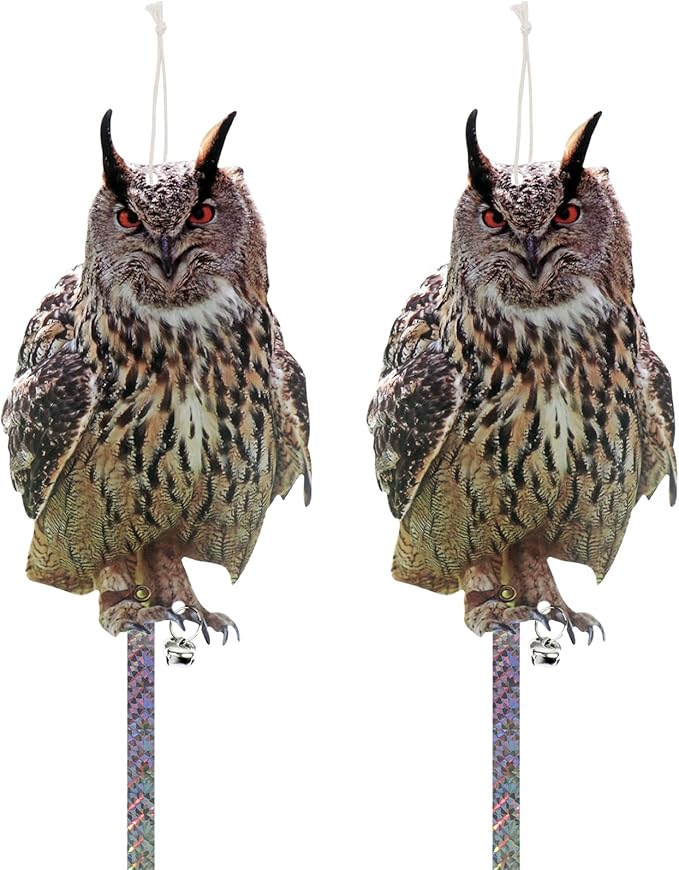 2PCS Fake Owl Hanging Plastic Owl to Scare Squirrel for Outdoor Flat Paper Garden Owl with Scare Tape to Keep Pigeon Woodpecker Away from House Patio Yard Outdoor Front Porch Backyard Windows