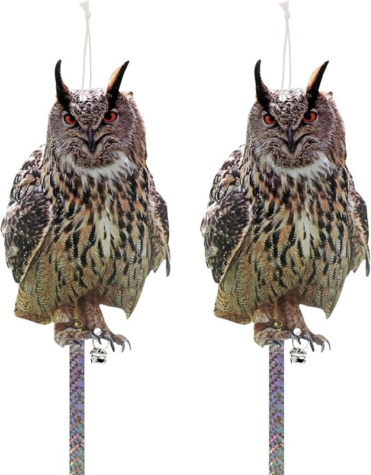 2PCS Fake Owl Hanging Plastic Owl to Scare Squirrel for Outdoor Flat Paper Garden Owl with Scare Tape to Keep Pigeon Woodpecker Away from House Patio Yard Outdoor Front Porch Backyard Windows