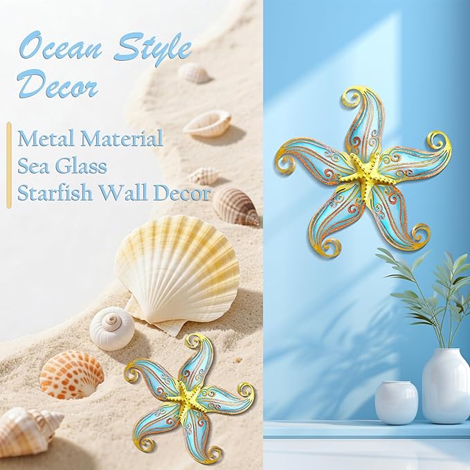 Starfish Coastal Wall Decor Art, Starfish Beach Theme Bathroom Decor for Bedroom House Home, 12" Hanging Glass Sculpture, Beach Wall Art Ocean Gifts for Women & Men (Blue)