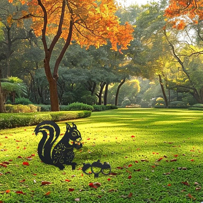 WADORN Squirrel Hazelnut Decorative Silhouette Garden Stakes, Metal Squirrel Stakes Statues Ornaments Lovers Gifts Yard Art Black Silhouette Yard Outside Decor for Backyard Patio Decor