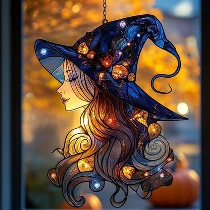 Beautiful Witch Acrylic Suncatcher Stained Glass Effect Window Car Hanging Christmas Ornament Indoor Outdoor Decor Garden Sun Catcher Panel for Wicca Lover for Women Mom Grandma