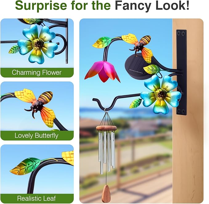 Lewondr Plant Hangers with Solar Light,9 Inch Metal Hanging Plant Bracket Outside,Bee Plant Wall Hook Solar Lights Outdoor for Wall,Flower Basket,Bird Feeder,Lantern,Wind Chime,2 Pack