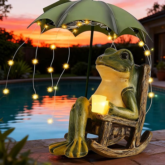 Solar Frog Garden Decor, Waterproof Resin Sitting Frog Statue with Umbrella & LED String Lights, Outdoor Fairy Garden Figurine for Patio Yard Lawn Ornament, Housewarming Gift for Women Mom