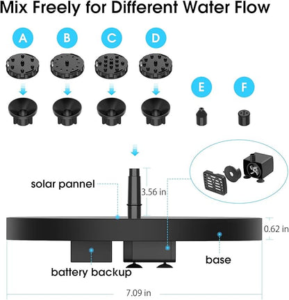 AISITIN 3.5W Solar Fountain Pump Built-in 1500mAh Battery, Bird Bath Fountain with 6 Nozzles, Solar Floating Water Pump for Bird Bath, Fish Tank, Pond, Pool, Garden and Outdoor