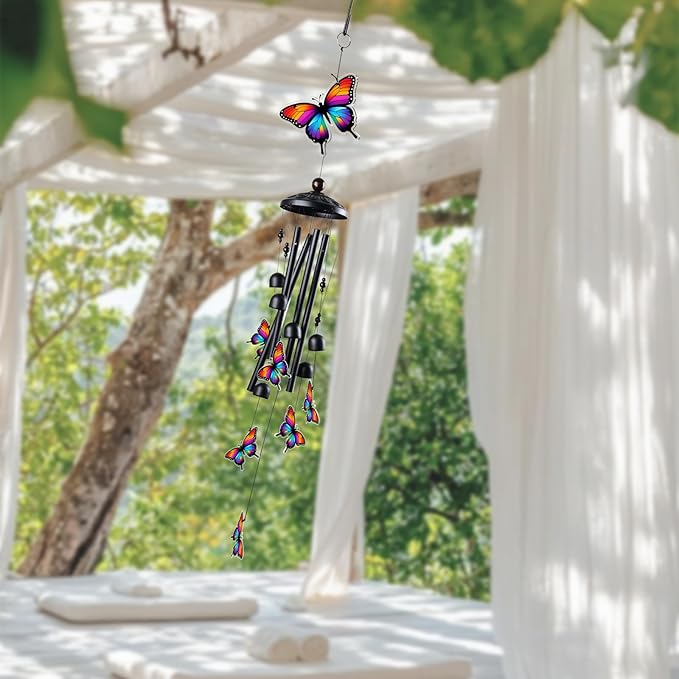 Butterfly Wind Chimes for Outside, Black Metal Acrylic Windchimes Outdoors, Butterfly Gifts for Women Men, Garden Yard Decor, Memorial/Birthday Gifts for Grandma Mom, Durable Chimes for Outdoors