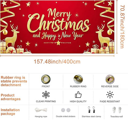 IVN Christmas Garage Door Cover Decoration 13x6ft Santa Glitter Gold Gift Reindeer on Red Holiday Christmas Garage Door Banner Home Garage Door Front Yard Decor for Xmas Eve Holiday Outdoor