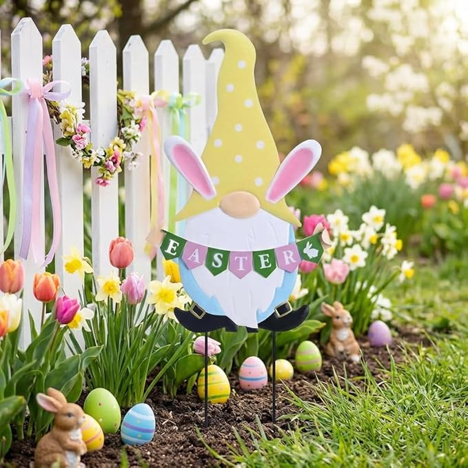 TERESA'S COLLECTIONS Easter Decorations Outdoor for Home, Metal Easter Gnomes Decor Yard Stakes, Pink & Blue Egg Rabbit Garden Stakes Gifts, Welcome Yard Signs for Outside Lawn Porch Patio, 27"