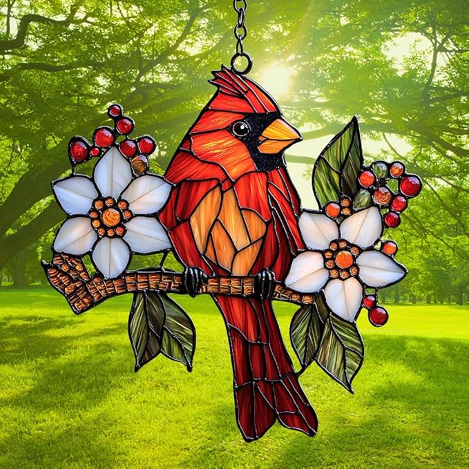 Red Cardinal Acrylic Suncatcher Stained Glass Effect Window Car Hanging Christmas Ornament Indoor Outdoor Decor Garden Sun Catcher Panel for Cardinal Lover for Women Mom Grandma