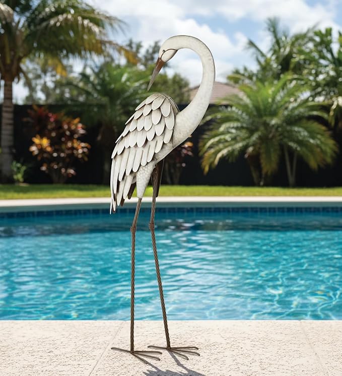 Regal Art & Gift Metal Egret Statue – Coastal Heron Garden Sculpture, Elegant Bird Decor for Lawn, Patio, or Beach House Yard – Sturdy Outdoor Standing Crane Ornament, 15.25""L x 8.25""W x 40.5""H